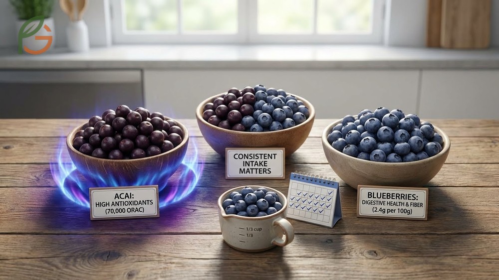 Which berry healthier depends on goals as acai has 70000 ORAC units and blueberries offer 2.4g fiber.