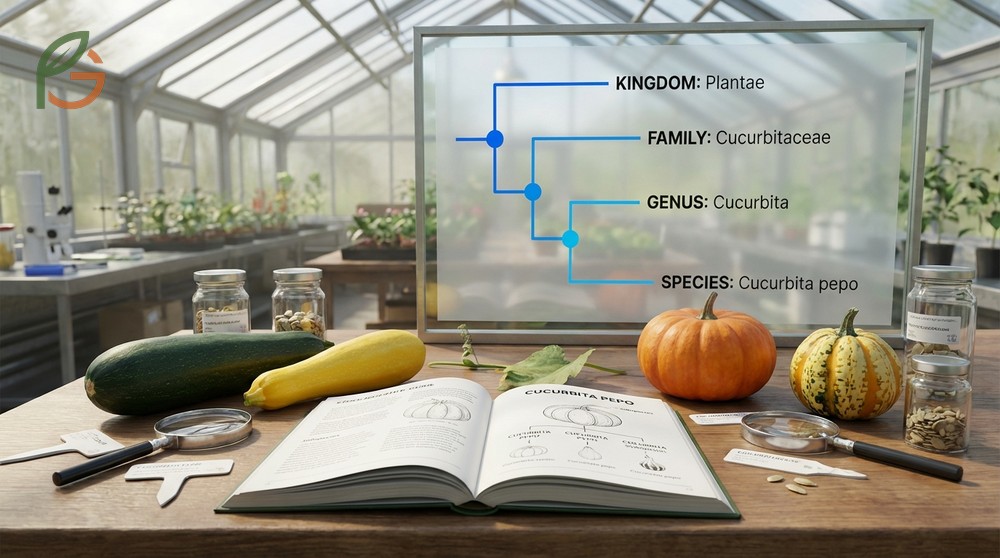 Zucchini botanical classification as Cucurbita pepo within the Cucurbitaceae family alongside pumpkins.