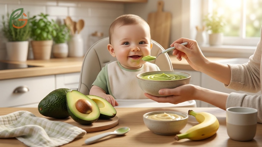 Avocado puree for baby 6 months old served in small 2 tablespoon portions to introduce solids and healthy fats safely.
