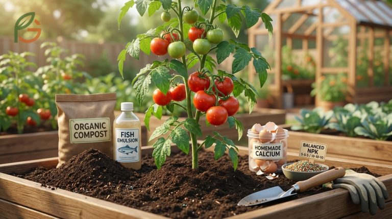 Healthy tomato plants thriving in a garden with balanced NPK fertilizer and organic soil amendments.