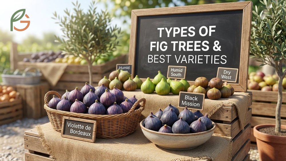 Assorted types of fig trees including Black Mission and Violette de Bordeaux showing different fruit colors and sizes.