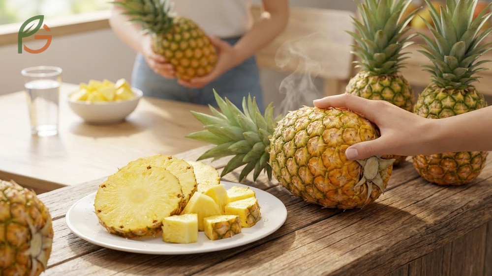 Freshly cut golden pineapple chunks prepared for consumption to maximize bromelain absorption.