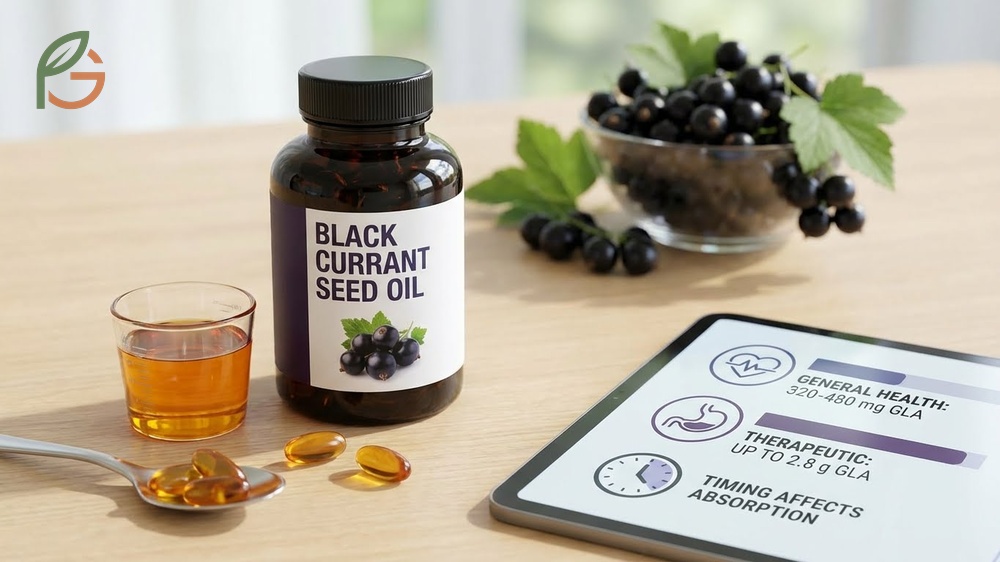 Dosage and usage guidelines for black currant seed oil recommending 320 to 480 mg of GLA daily for general health maintenance.