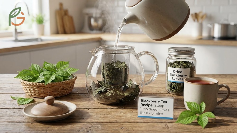 Blackberry tea recipe uses fresh or dried leaves steeped for 10 minutes to extract beneficial compounds.