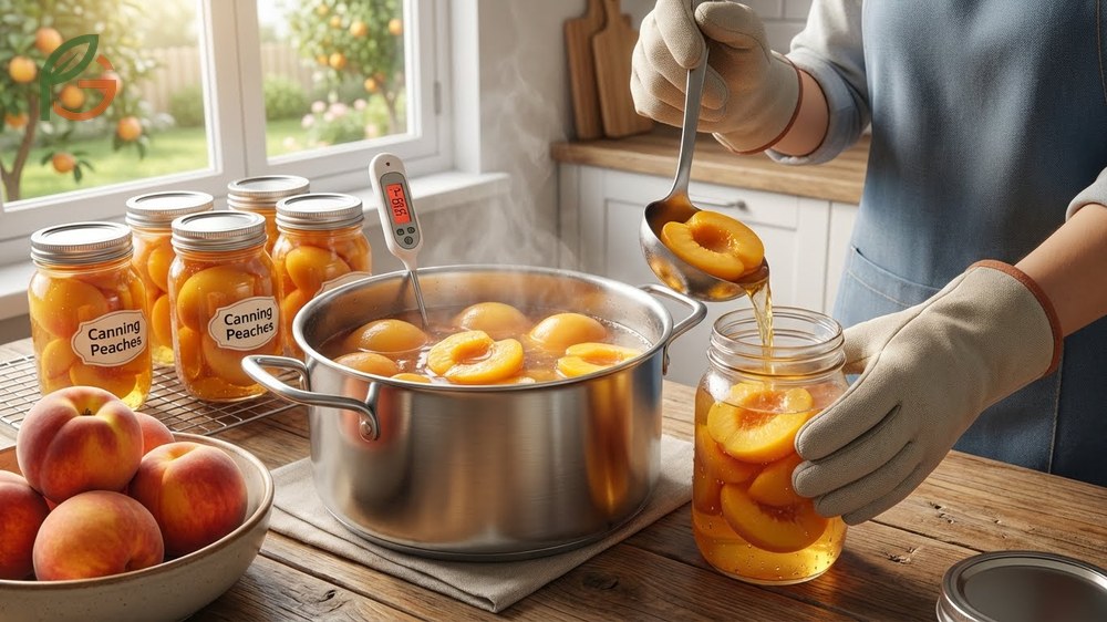 Canning peaches recipe instructions using a medium syrup ratio of 1 cup sugar to 2 cups water for optimal flavor.