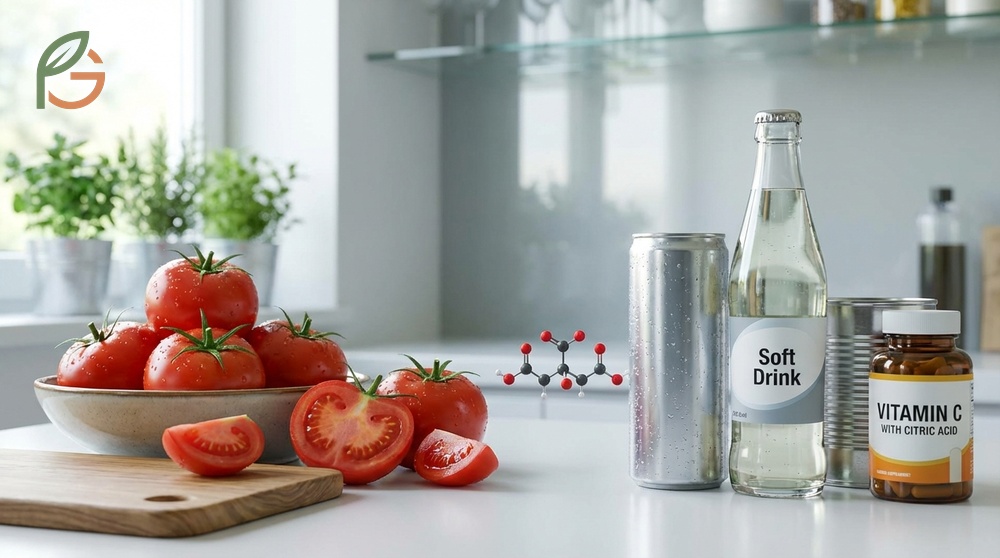 Citric acid foods include tomatoes and processed items like energy drinks where it acts as a preservative.