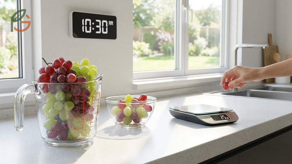 Daily intake of grapes represented by a balanced meal plan including one cup of fresh fruit for optimal health.