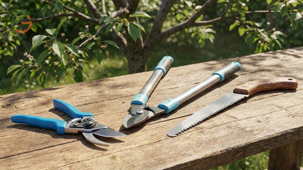 Tools for pruning trees including bypass shears and loppers along with sterilization tips using isopropyl alcohol.