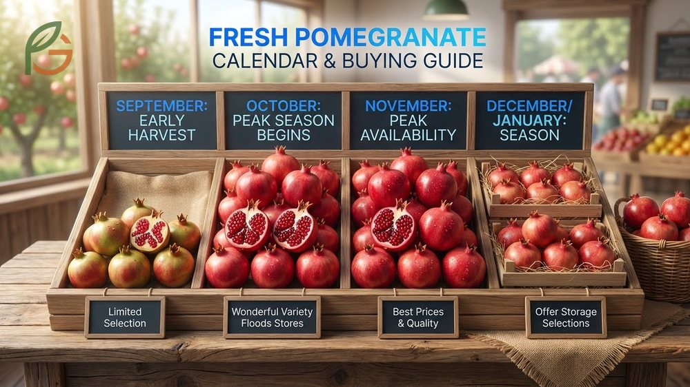 Fresh pomegranate calendar and buying guide helps shoppers select heavy fruits with angular sides during the peak fall months.