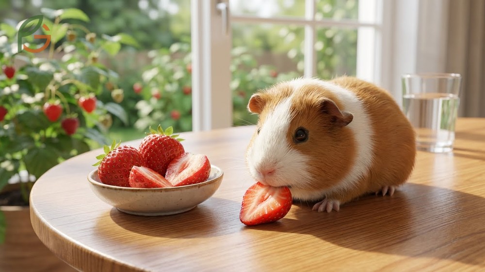 Guinea pigs eat strawberries for 58.8mg vitamin C per 100g serving 2-3 times weekly supporting essential dietary needs