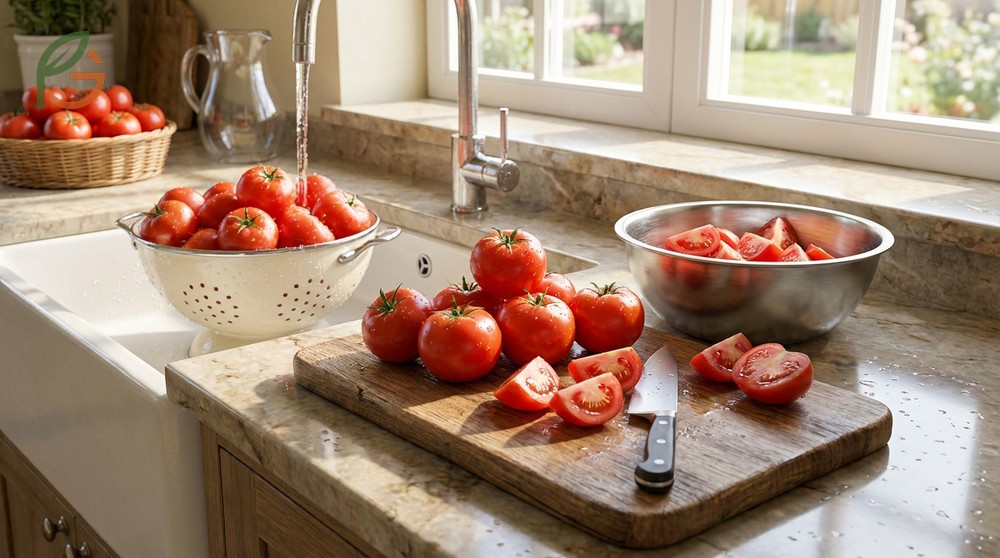Homemade tomato juice recipe uses 3 pounds of fresh Roma tomatoes to produce 4 cups of nutrient-rich juice with only 15-20mg of natural sodium.