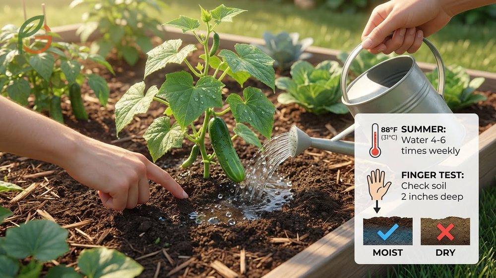 How often to water cucumber plants showing drip irrigation delivering 1 to 2 inches of water weekly to prevent bitter tasting fruits.