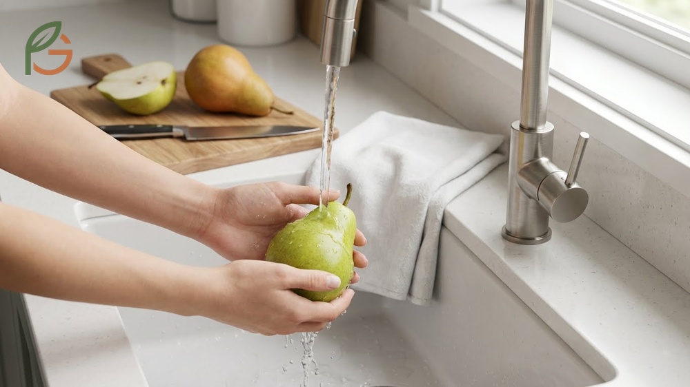 How to cut a pear by halving lengthwise and removing the core with a melon baller.