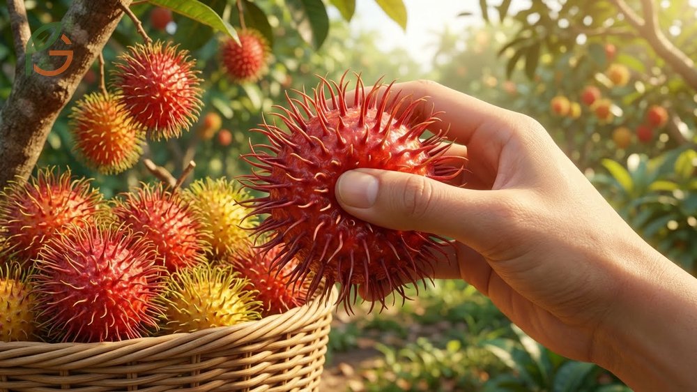 How to tell if rambutan is ripe by checking for vibrant red or yellow skin and firm flexible spines.