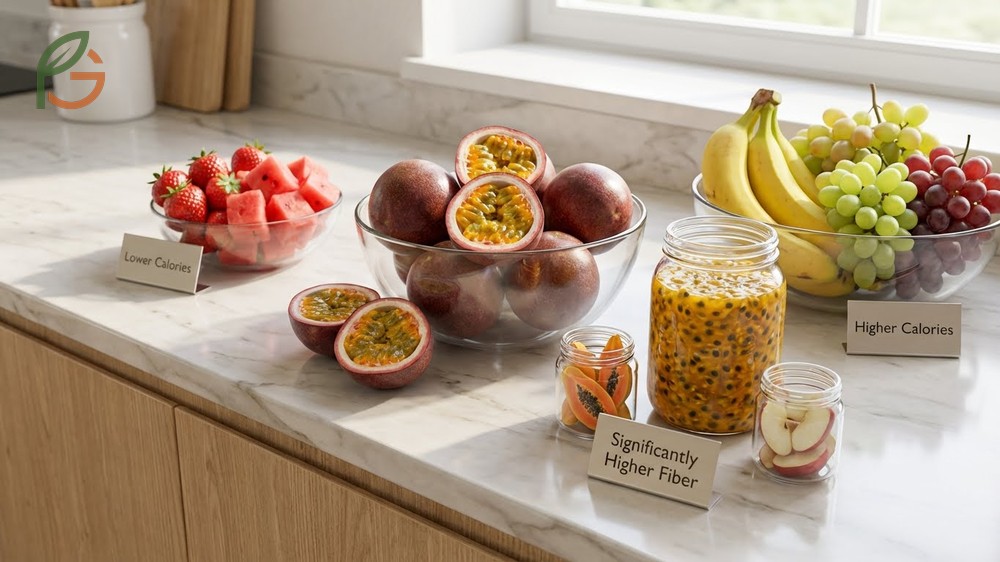 Low calorie fruit comparison placing passion fruit between strawberries and bananas with 10g fiber per 100g.