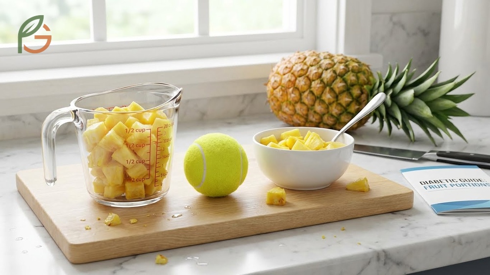 A measured half cup serving of diced pineapple demonstrating the recommended 15g carbohydrate portion for diabetics.