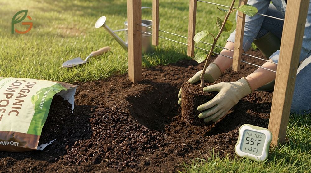 Planting kiwi vines requires 15 feet spacing between females and one male plant within 50 feet for effective pollination.