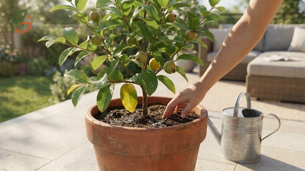 Potted guava care requires daily soil moisture checks and monthly balanced fertilizer applications during summer.