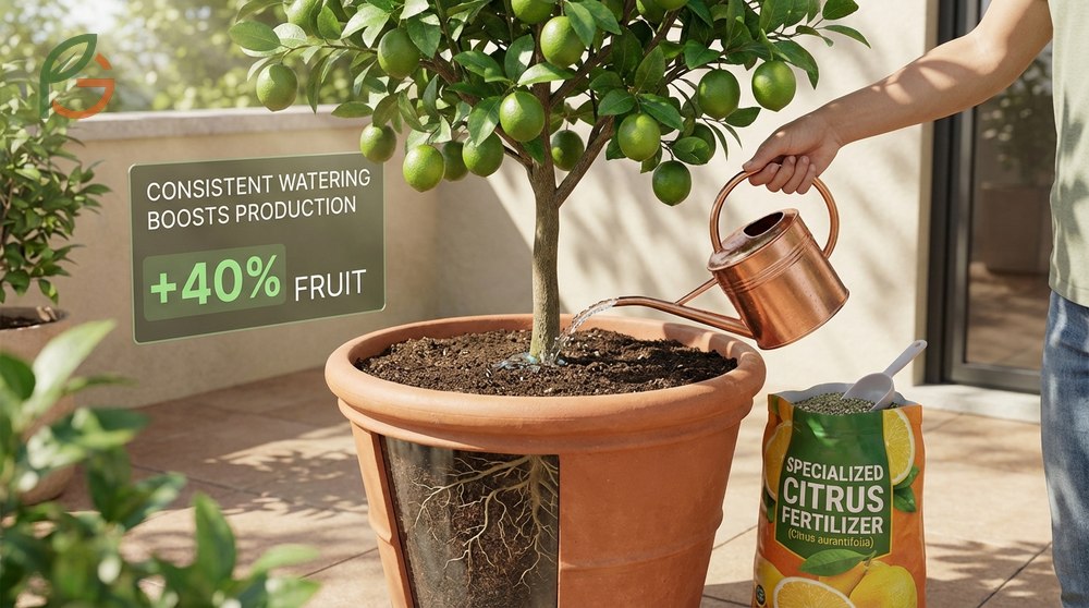 Potted lime care involves consistent watering when topsoil dries and applying citrus fertilizer three times annually for fruit production.
