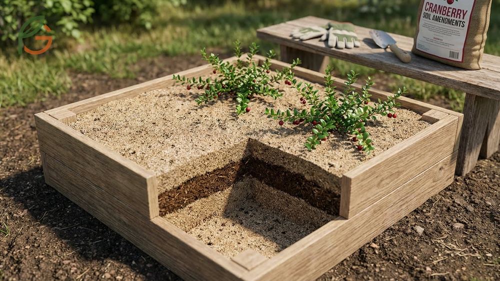 Growing cranberries guide for preparing soil with peat moss and sulfur to lower pH by one full point.