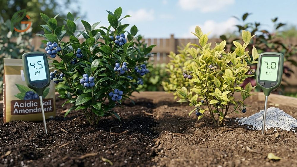 Soil for blueberry plants requiring a pH between 4.0 and 5.5 adjusted with elemental sulfur and peat moss for optimal nutrient absorption.