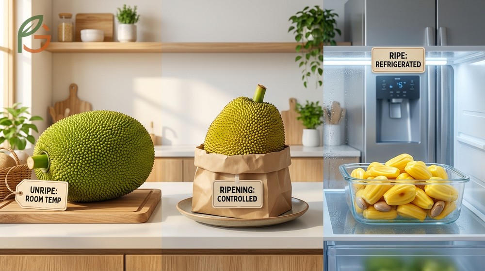 Storing fresh jackfruit whole in a cool pantry allows it to ripen naturally over three to four days before refrigeration.