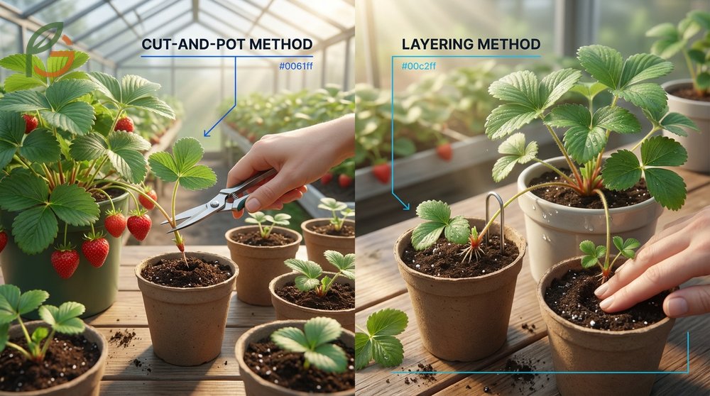 Comparison of the cut and pot method versus the layering method for rooting strawberry runners effectively.