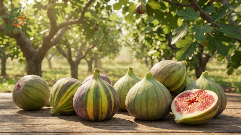 Striped fig variety cultivation requirements including full sun exposure and well draining soil for optimal fruit.