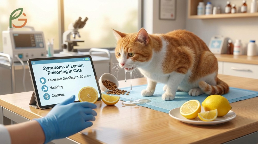 Symptoms of lemon poisoning in cats listing signs like drooling vomiting and tremors requiring vet care.
