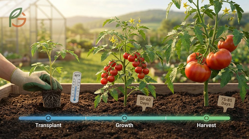 Transplant to harvest time typically spans 50 to 90 days with cherry tomatoes maturing faster than beefsteak types.