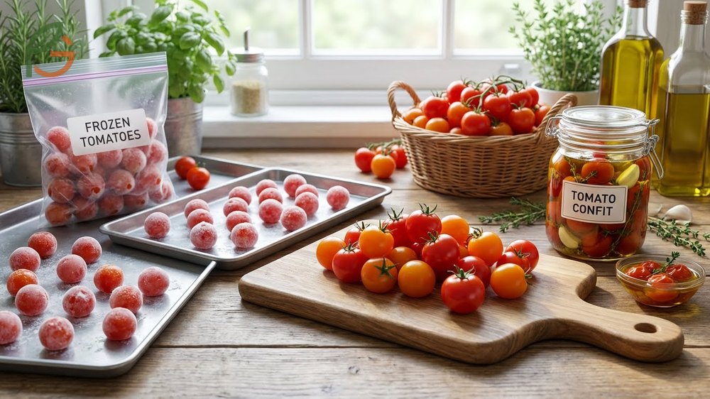 Using up too many cherry tomatoes by freezing them whole or making tomato confit and savory jams.