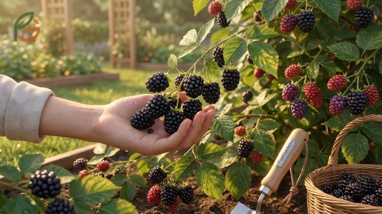 A gardener checking ripe blackberries that are deep black and plump to determine the perfect harvest time.