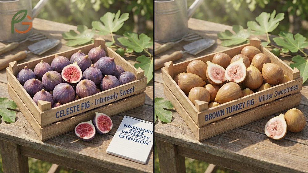 A comparison of small sweet Celeste figs against the larger Brown Turkey variety to illustrate key differences.