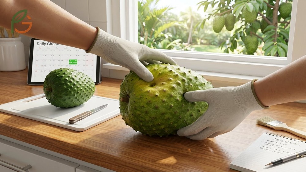 Checking soursop ripeness requires a daily gentle squeeze test to feel for give similar to a ripe avocado.