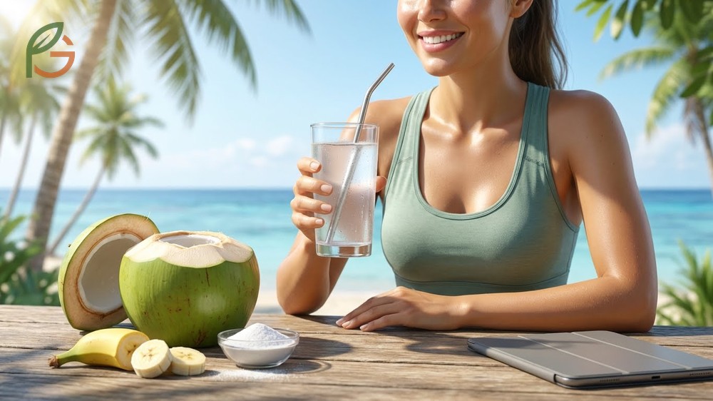 Fresh coconut water providing 600mg of potassium and essential electrolytes to support female energy levels.