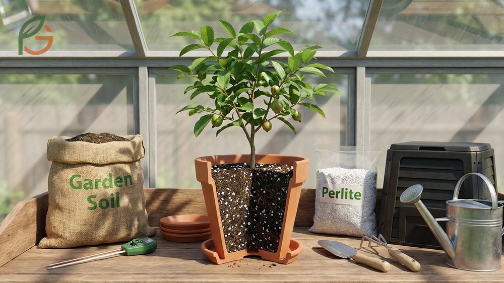 Complete pot requirements for healthy guava trees including well draining soil mix and proper temperature control.