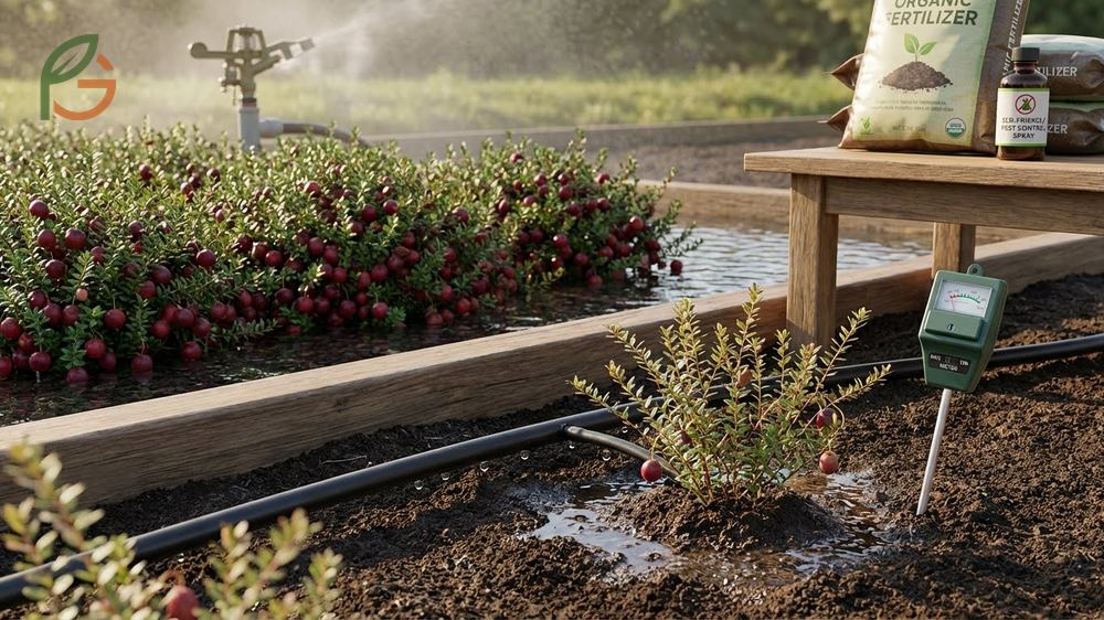 Cranberry plant care involving 1 inch of weekly water and acid-forming fertilizer application in early spring.