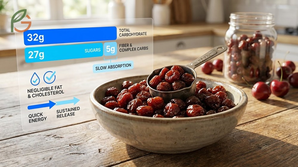 Dried cherry nutrition provides 32g total carbohydrates and negligible fat in a standard 40g serving for sustained energy.