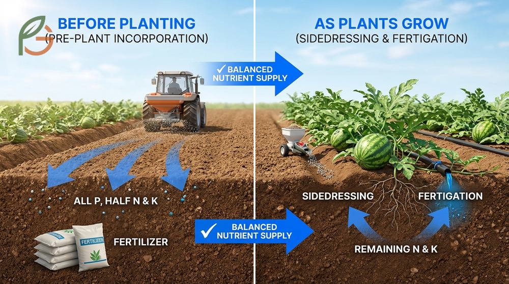 Fertilizing watermelon plants with split applications reduces nutrient leaching in sandy soil conditions.