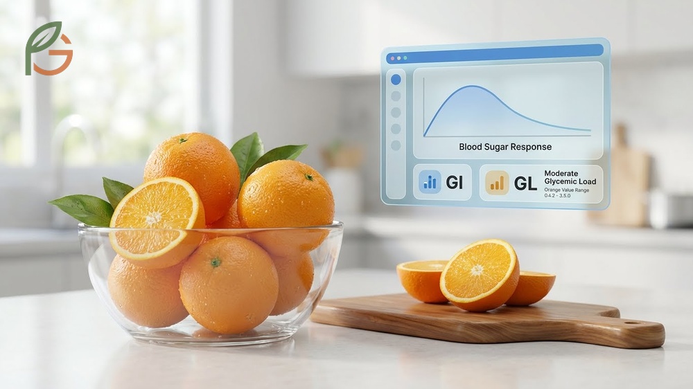Oranges have a low glycemic index of 43 and a glycemic load of 6.5 making them safe for blood sugar management.