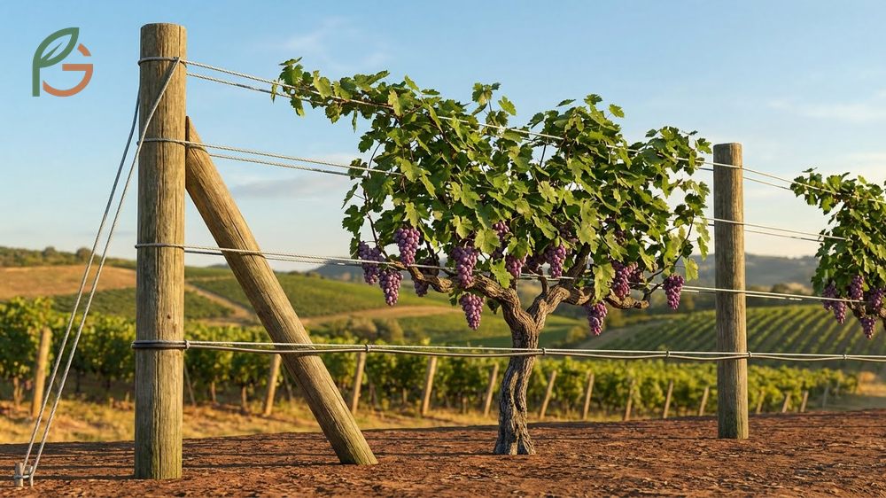 Grape vine trellis ideas showing high tensile wire positioned 5 to 6 feet high on sturdy treated posts.