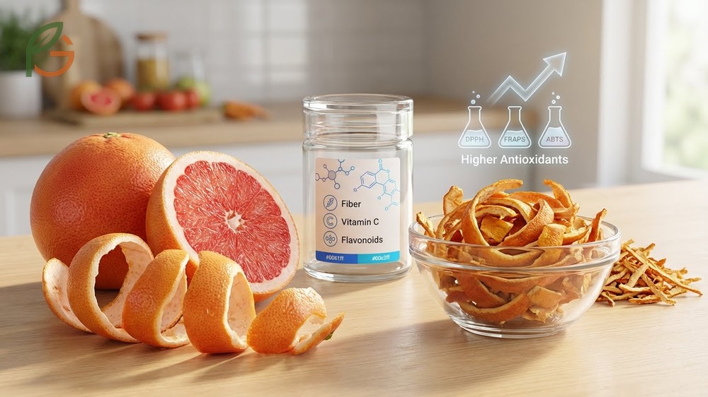 Grapefruit peel benefits encompass concentrated soluble fiber and flavonoids that support cardiovascular health.