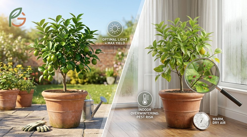 Growing citrus in containers requires 8 hours of daily sunlight and regular monitoring for pests like spider mites and scale insects.