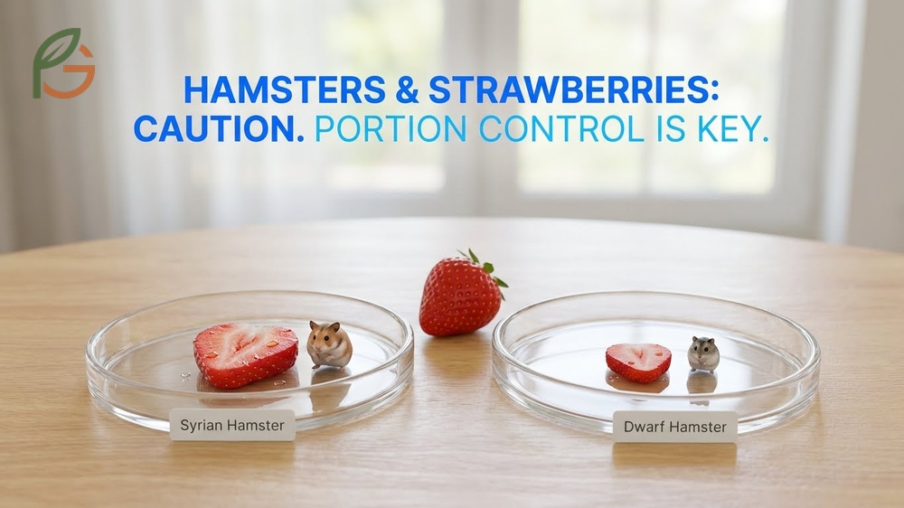 Hamsters eat strawberries in thumbnail-sized portions once weekly maximum with Syrian breeds tolerating better than dwarfs