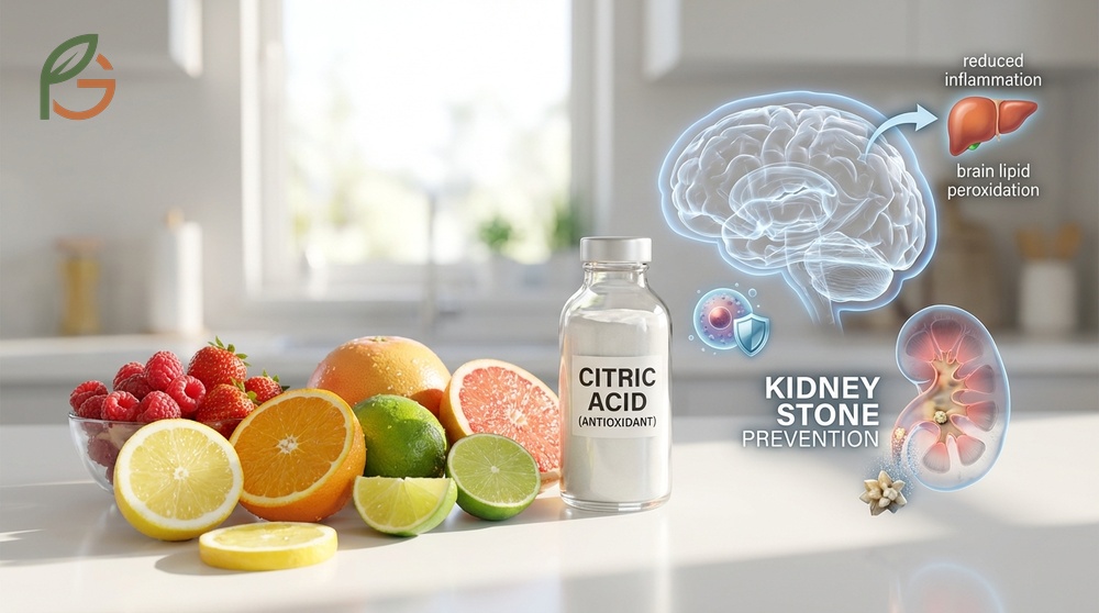 High citric acid intake helps prevent kidney stones by increasing urinary pH but may erode tooth enamel if excessive.