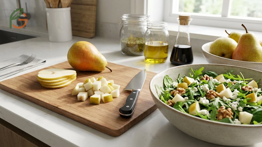 How to cut a pear for a salad into uniform cubes or thin slices for even distribution.