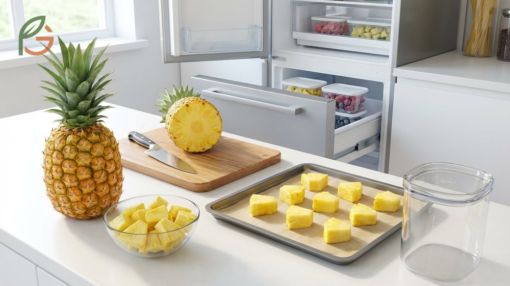 Freezing fresh pineapple using the flash freezing technique on a baking sheet to prevent sticking.