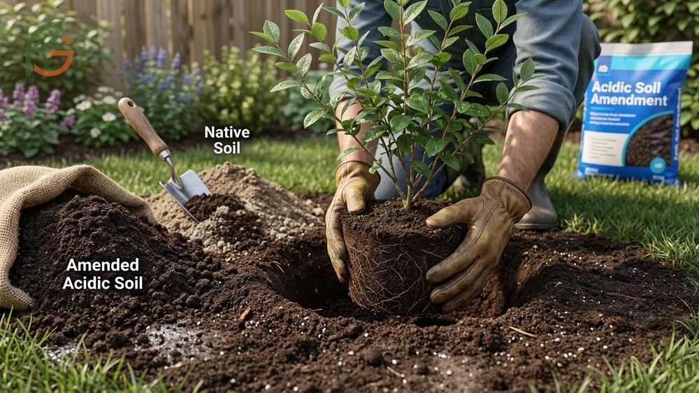 How to plant blueberry bushes ensuring the root ball sits at the soil surface and spacing highbush varieties 6 to 8 feet between rows.