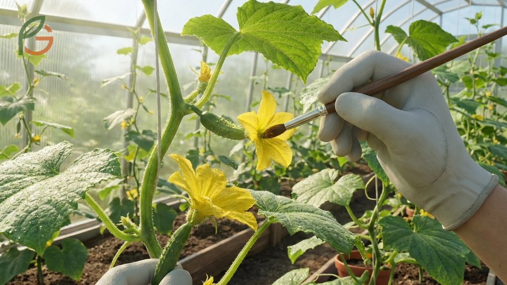 How to pollinate cucumber plants using a small paintbrush to transfer pollen from male to female flowers during morning hours.