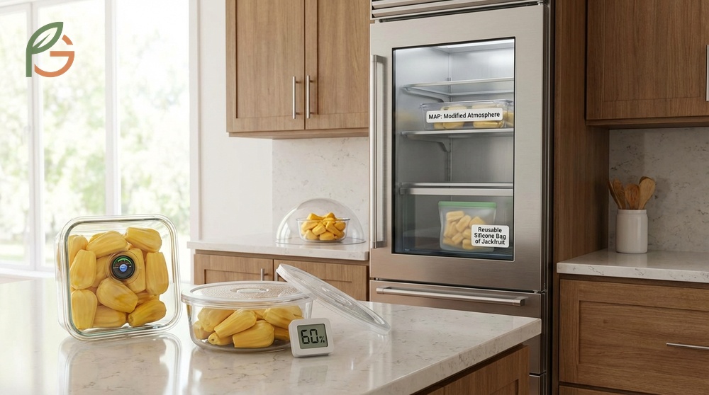 Jackfruit storage methods for cut fruit include using glass airtight containers to prevent strong odors from permeating the fridge.